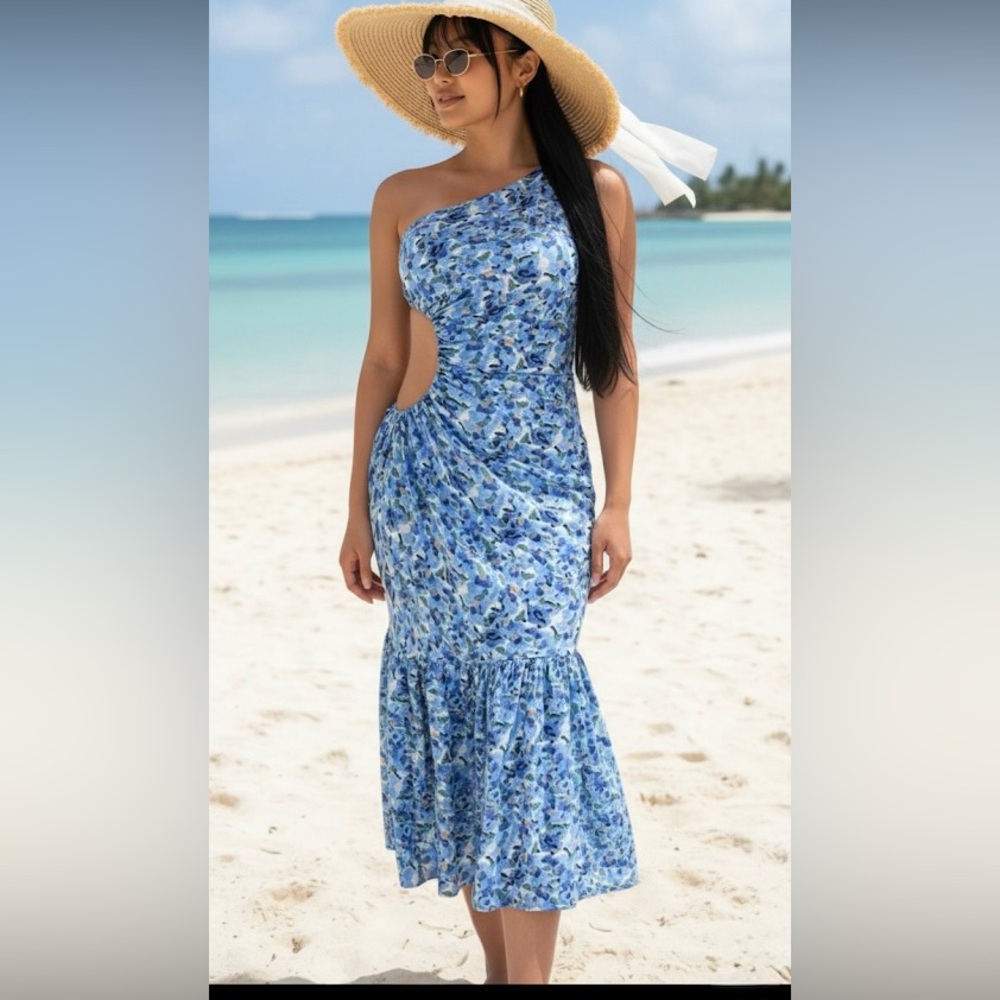 Elegant Blue Patterned One-Shoulder Dress cut out vacation one shoulder small nw